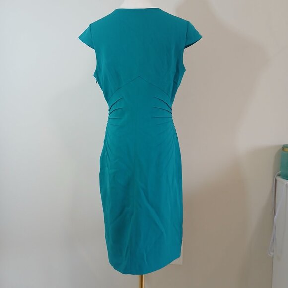 Adrianna Papell Sheath Dress Women's Size 8P Teal Ruched V-Neck Back Zipper - Picture 6 of 8